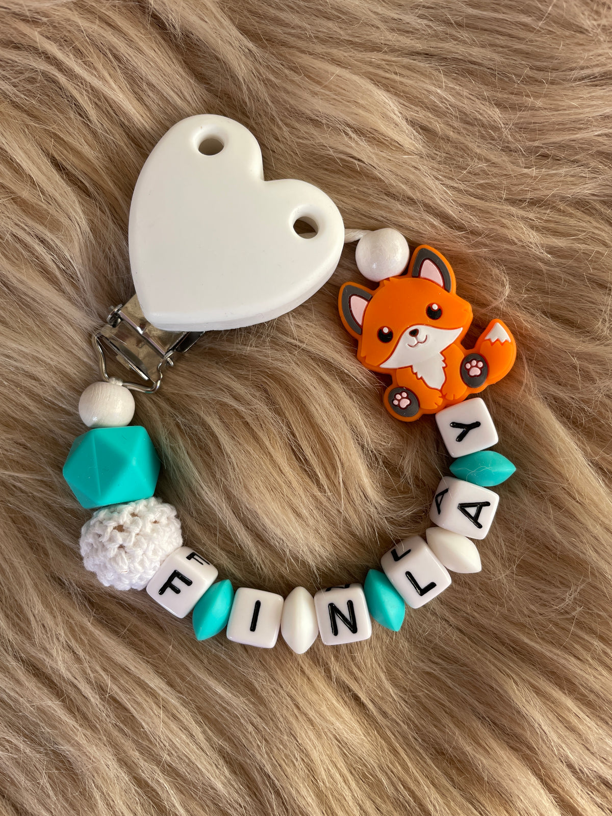 Schnullerkette Fuchs türkis weiß, personalisiert mit Namen