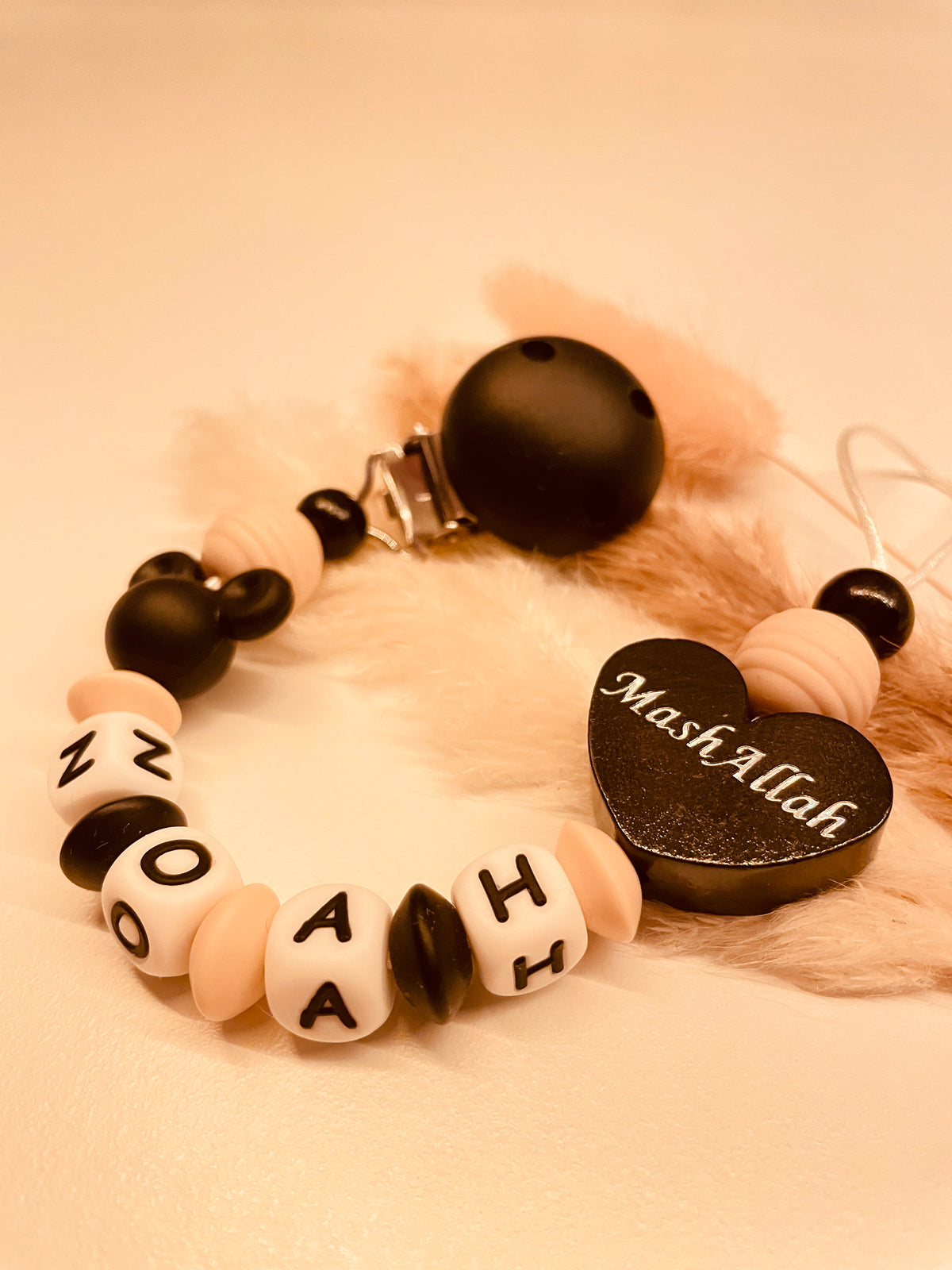 Schnullerkette Mashallah mit Maus in schwarz beige