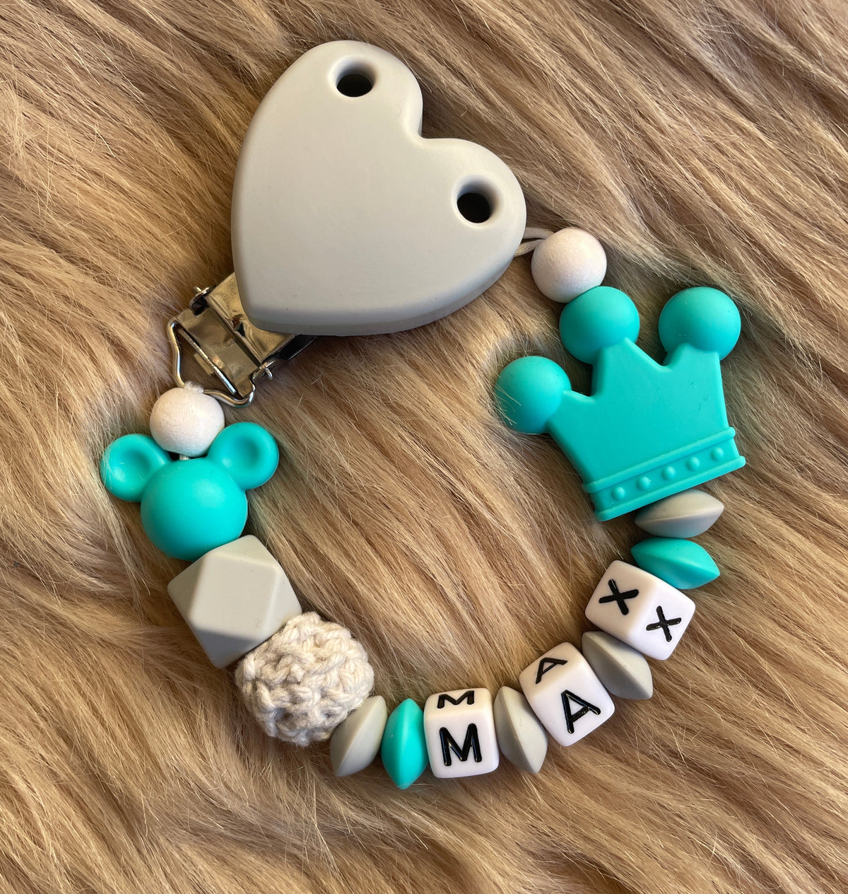 Schnullerkette Maus mit Krone türkis, personalisiert mit Namen