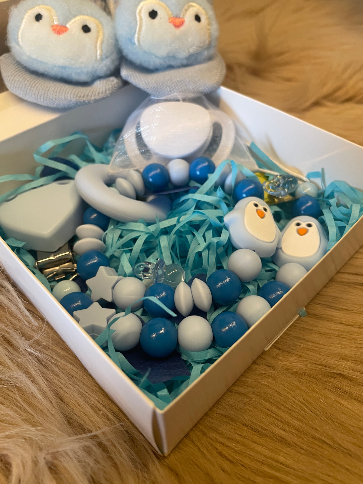 Geschenkbox klein blau 4-teilig Babygeschenk Set personalisiert handgefertigt Junge
