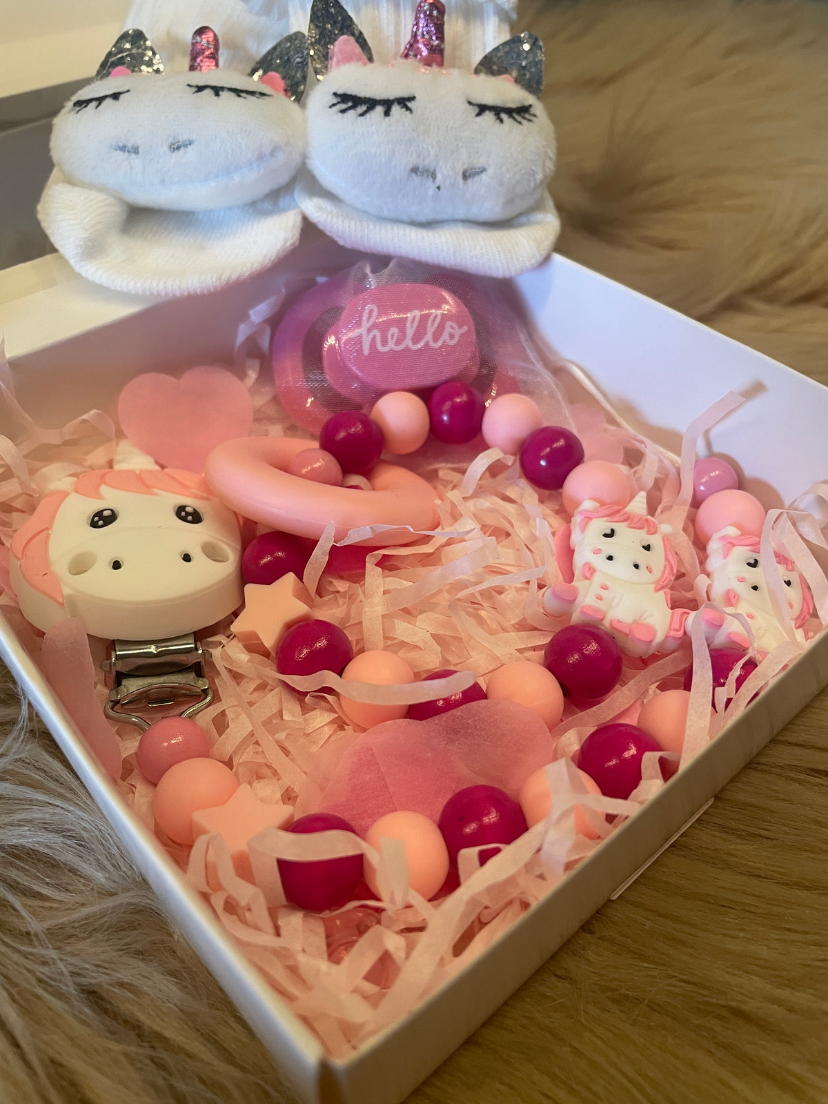 Geschenkbox klein pink rosa Einhorn 4-teilig Babygeschenk Set personalisiert Mädchen handgefertigt

