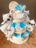Windeltorte Monster blau mit Schnuffeltuch Stoffrassel personalisiert Babygeschenk Junge handgefertigt
