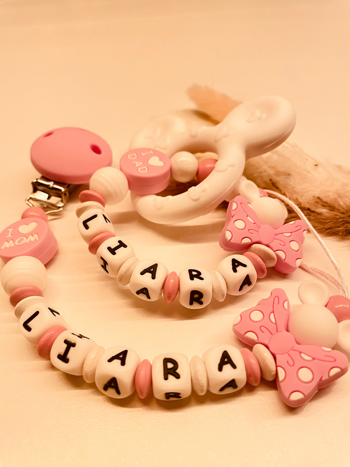 Schnullerkette und Greifring Maus rosa weiß I love mom & dad