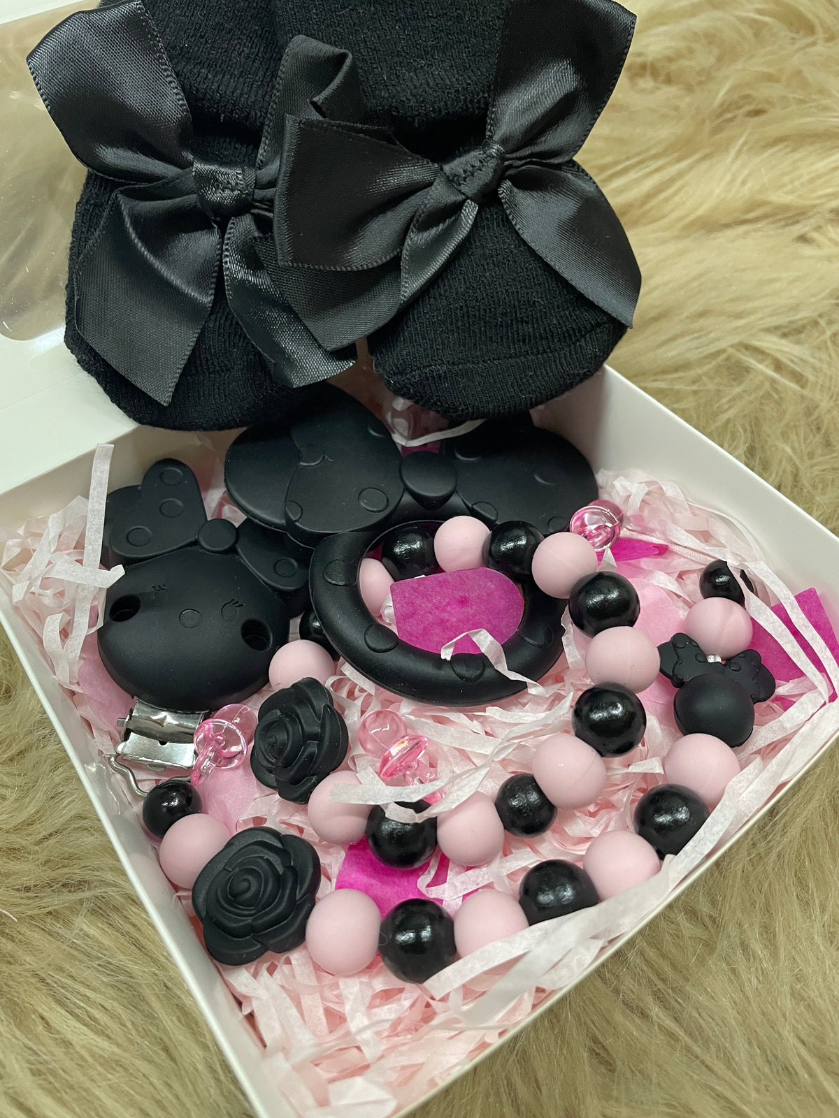 Geschenkbox klein schwarz rosa Maus 3-teilig Babygeschenk Set personalisiert handgefertigt
