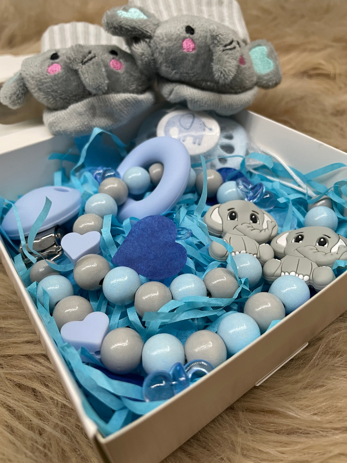 Geschenkbox klein blau grau Elefant 4-teilig Babygeschenk Set personalisiert Junge handgefertigt
