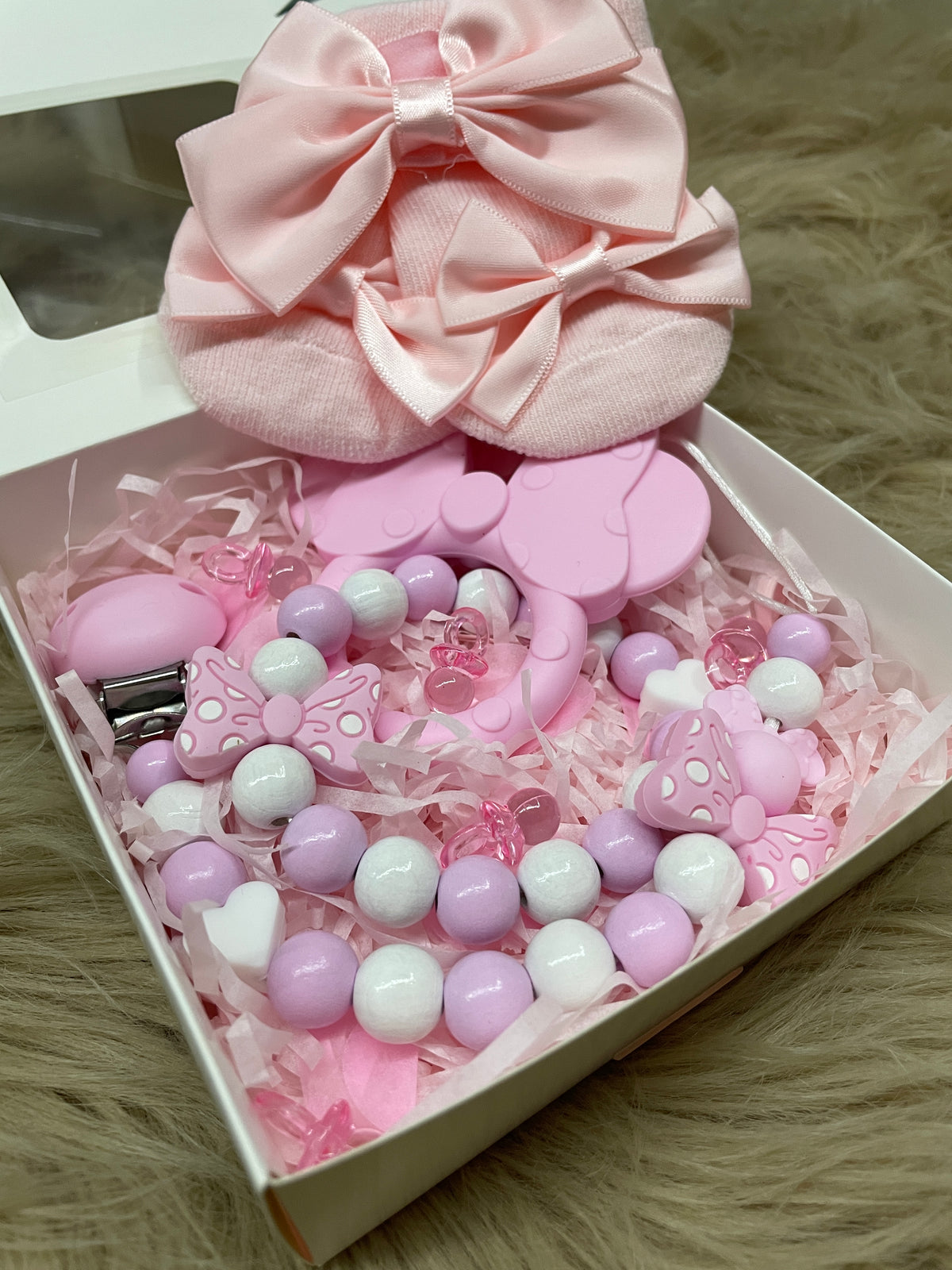 Geschenkbox mini rosa Maus 3-teilig Babygeschenk Set personalisiert Mädchen handgefertigt
