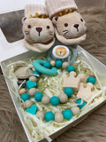 Geschenkbox mini türkis beige 4-teilig Babygeschenk Set personalisiert handgefertigt

