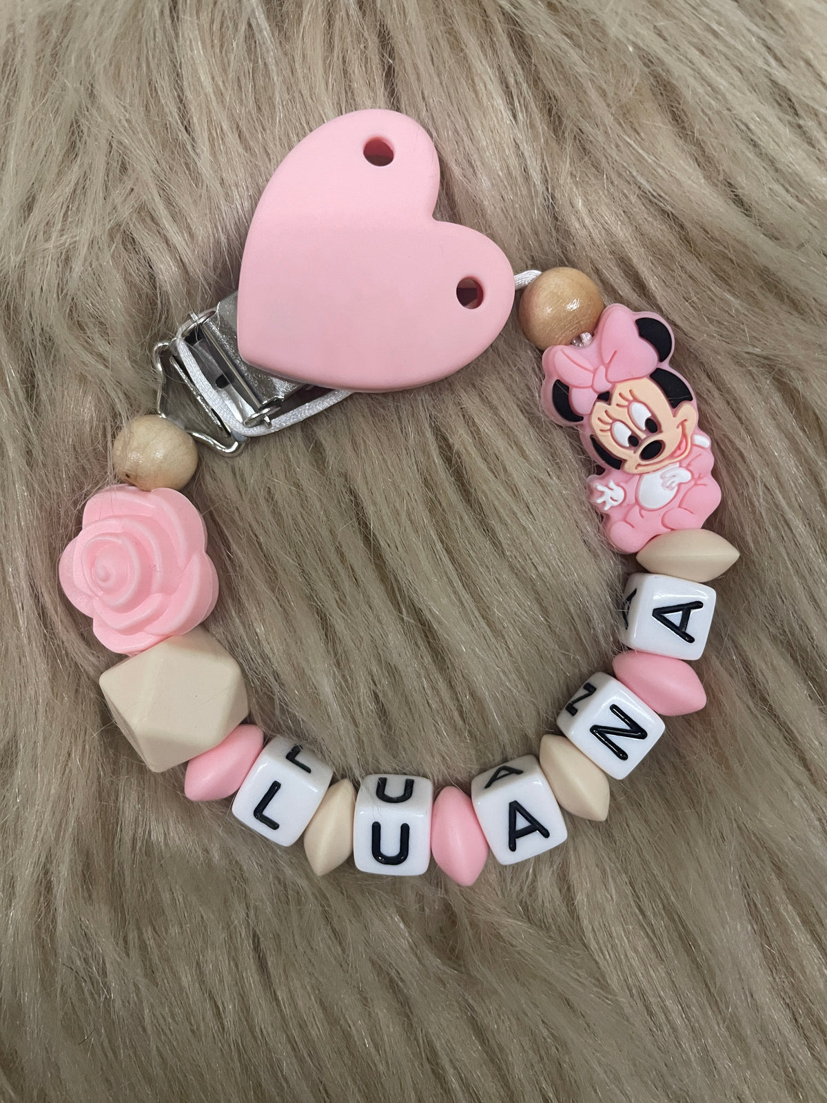 Schnullerkette Maus mit Rose rosa beige, personalisiert mit Namen