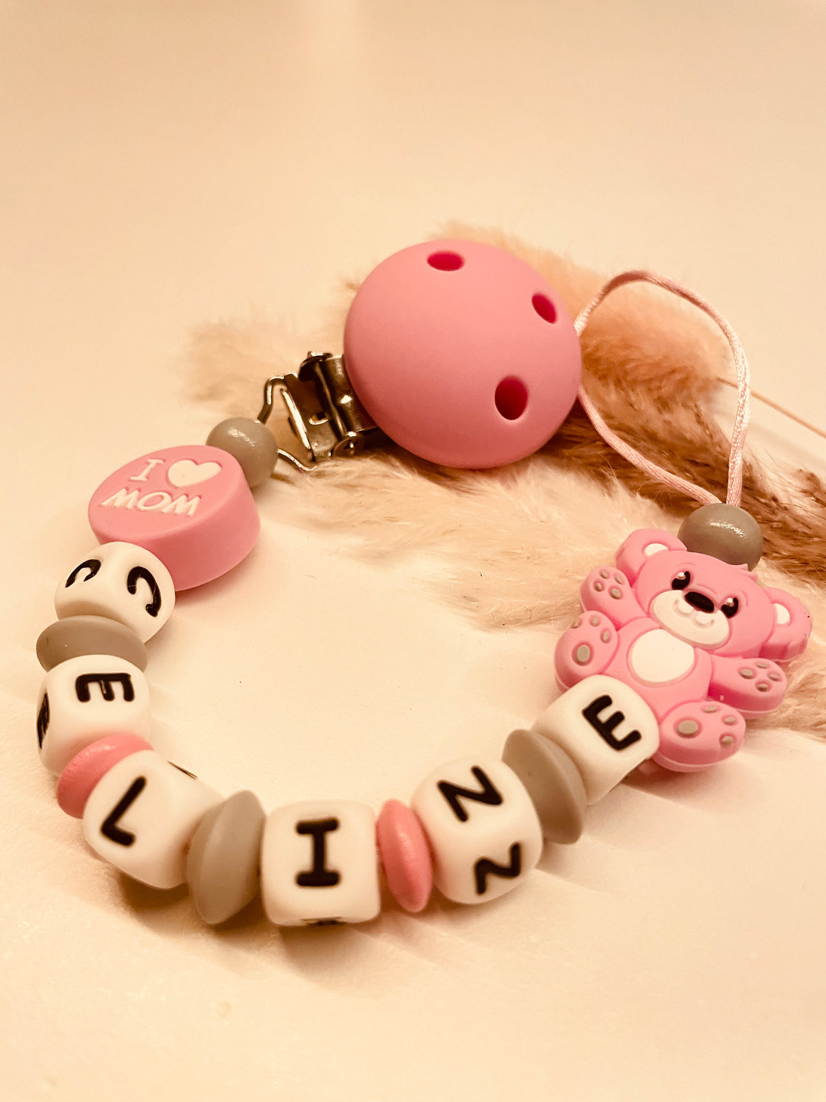 Schnullerkette Teddy rosa/grau I love mom