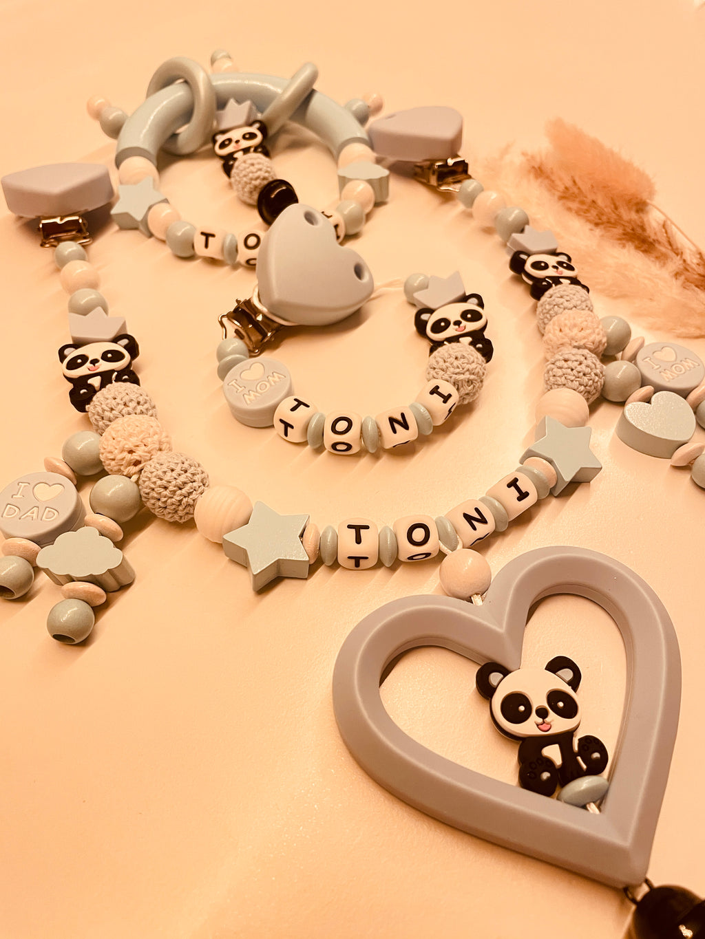 Schnullerkette Kinderwagenkette Greifring Panda blau  personalisiert