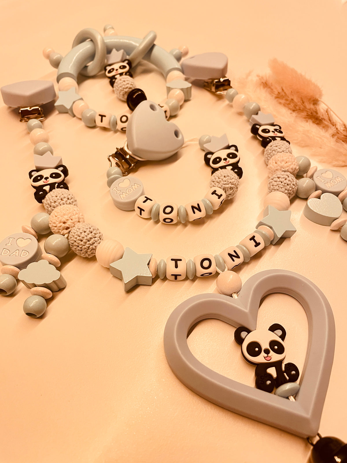 Schnullerkette Kinderwagenkette Greifring Panda blau  personalisiert