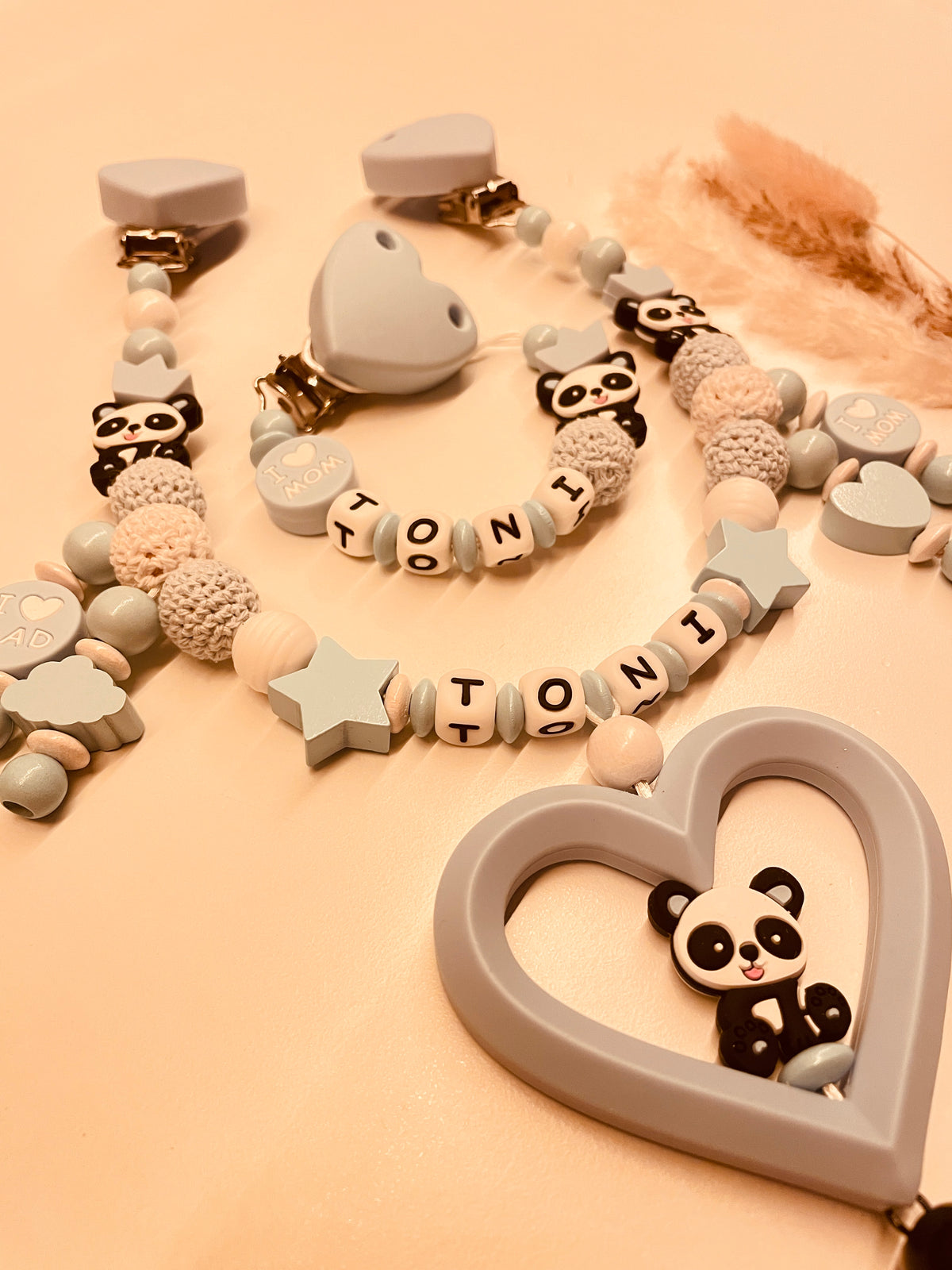 Schnullerkette Kinderwagenkette  Panda blau  personalisiert