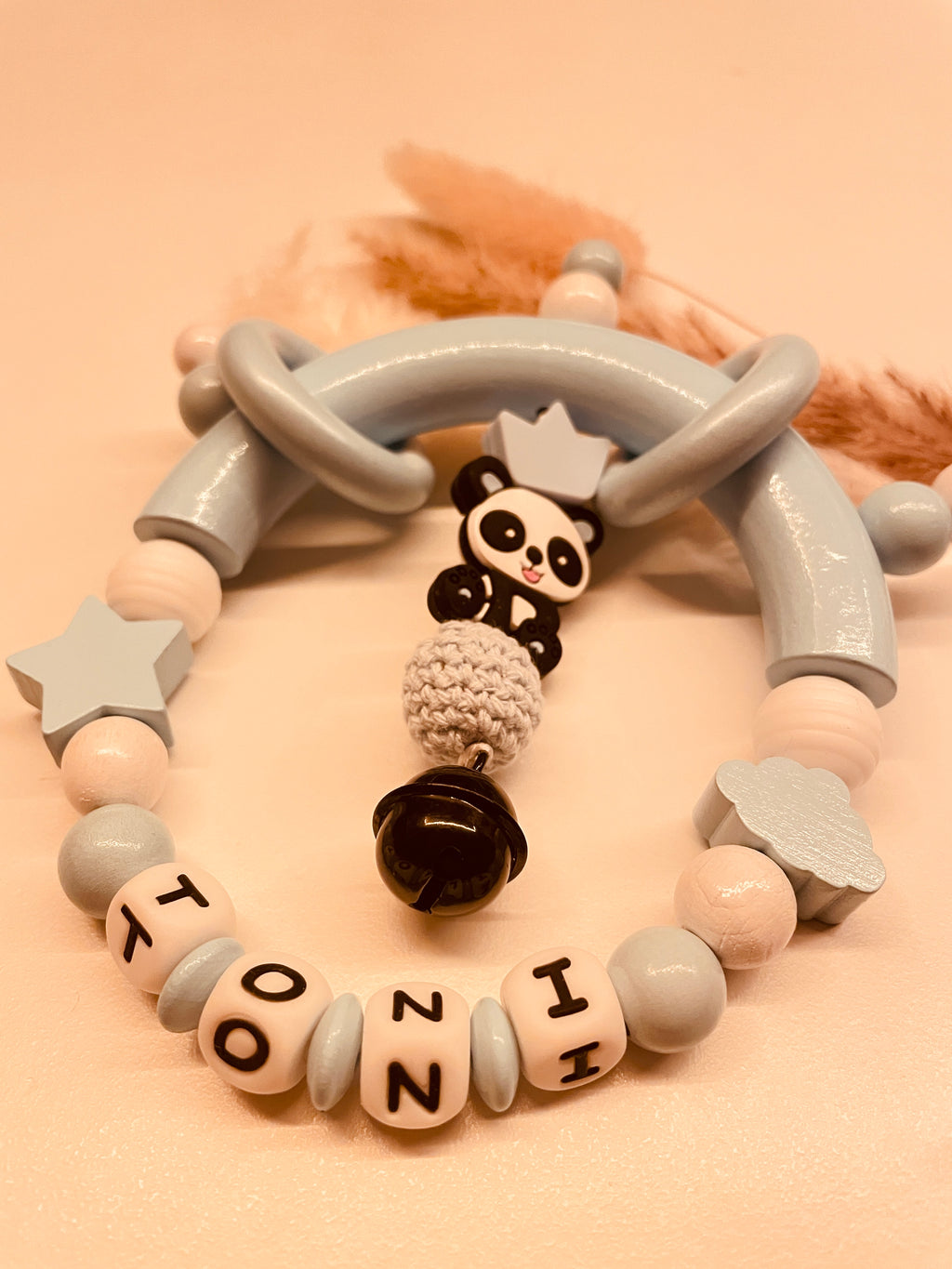 Greifring  Panda blau  personalisiert mit Namen Geschenk Baby Geburt