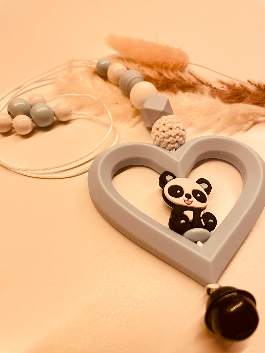 Schnullerkette Kinderwagenkette Greifring Babyschalenanhänger Schlüsselanhänger Panda blau  personalisiert