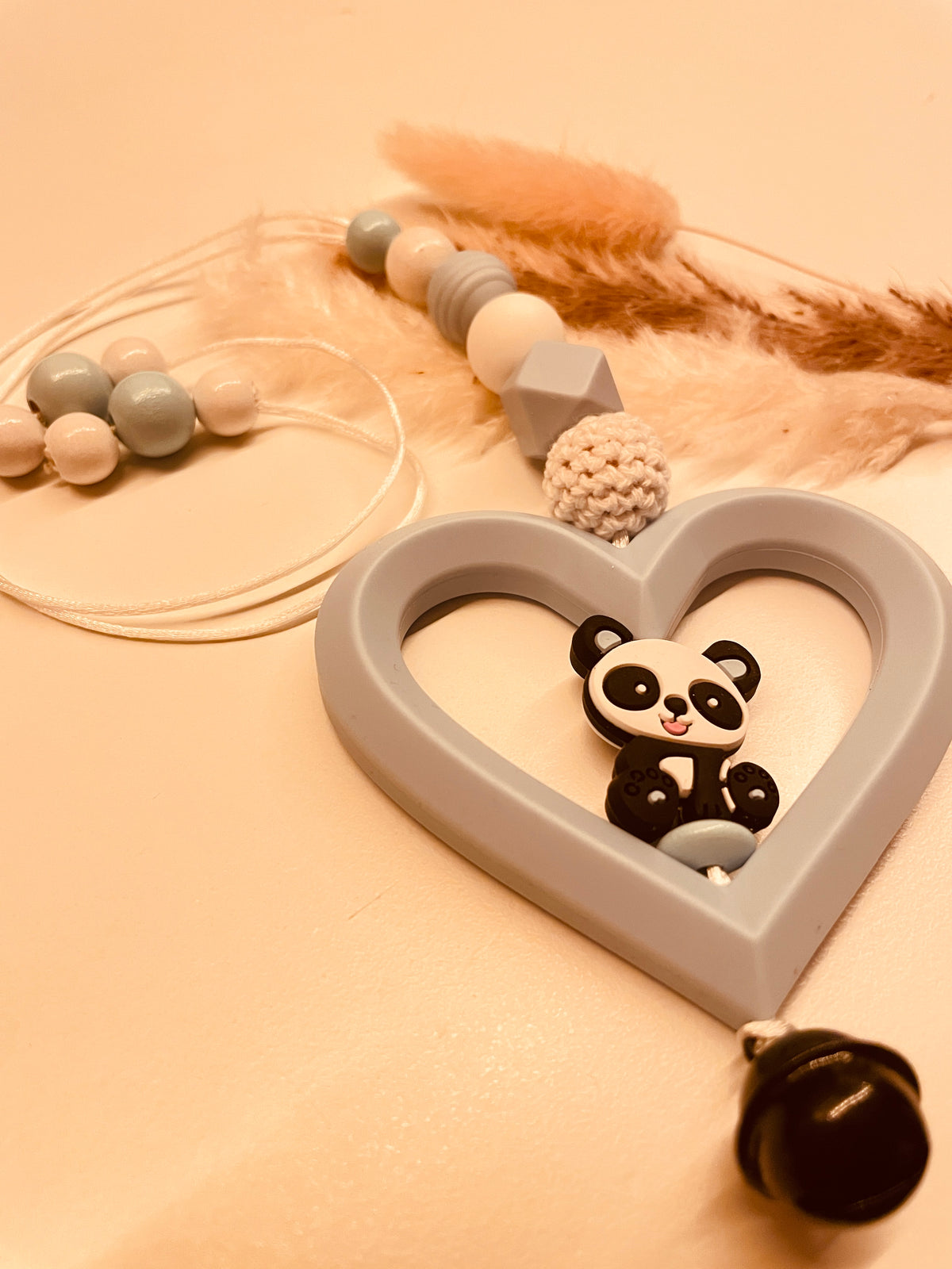 Schnullerkette Kinderwagenkette Greifring Babyschalenanhänger Schlüsselanhänger Panda blau  personalisiert