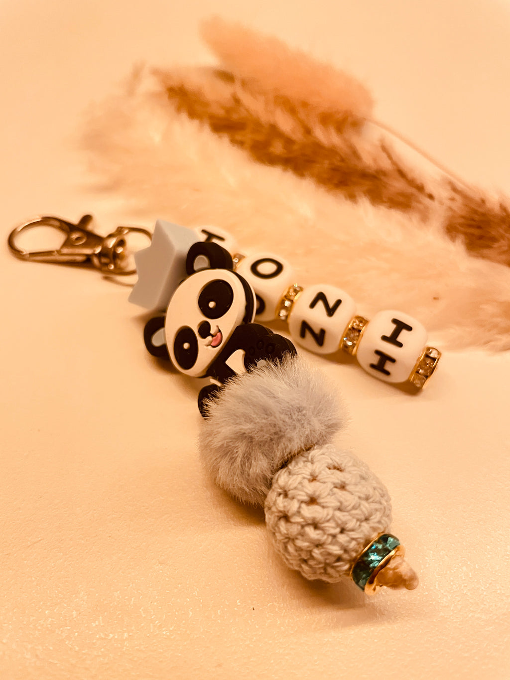 Schnullerkette Kinderwagenkette Greifring Babyschalenanhänger Schlüsselanhänger Panda blau  personalisiert