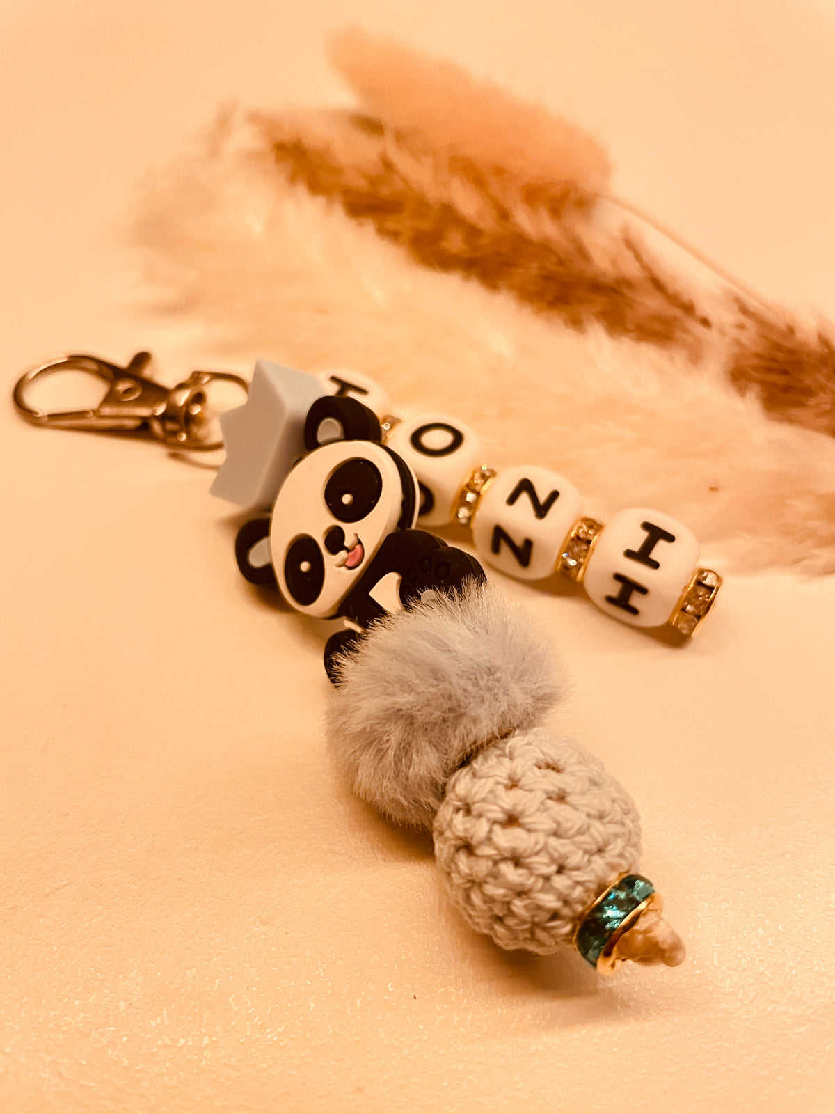 Schnullerkette Kinderwagenkette Greifring Babyschalenanhänger Schlüsselanhänger Panda blau  personalisiert
