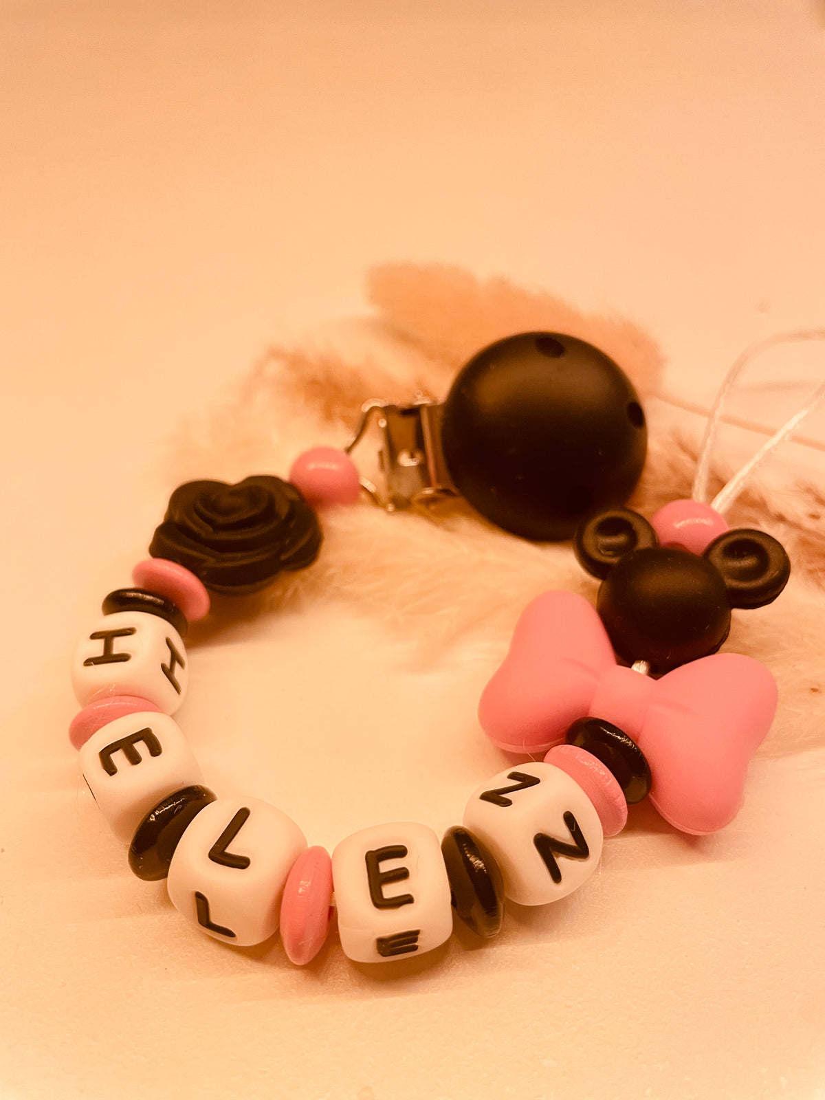 Sale Schnullerkette Maus schwarz pink mit Rose