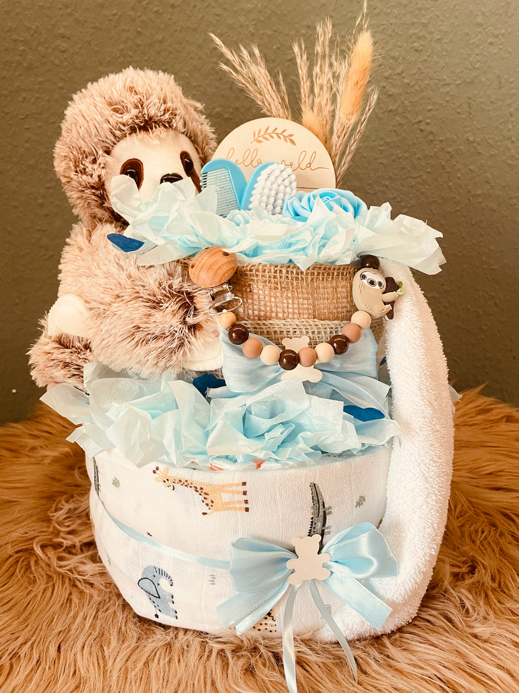 Windeltorte Faultier mit Schnullerkette personalisiert Babygeschenk handgefertigt Geschenk zur Geburt
