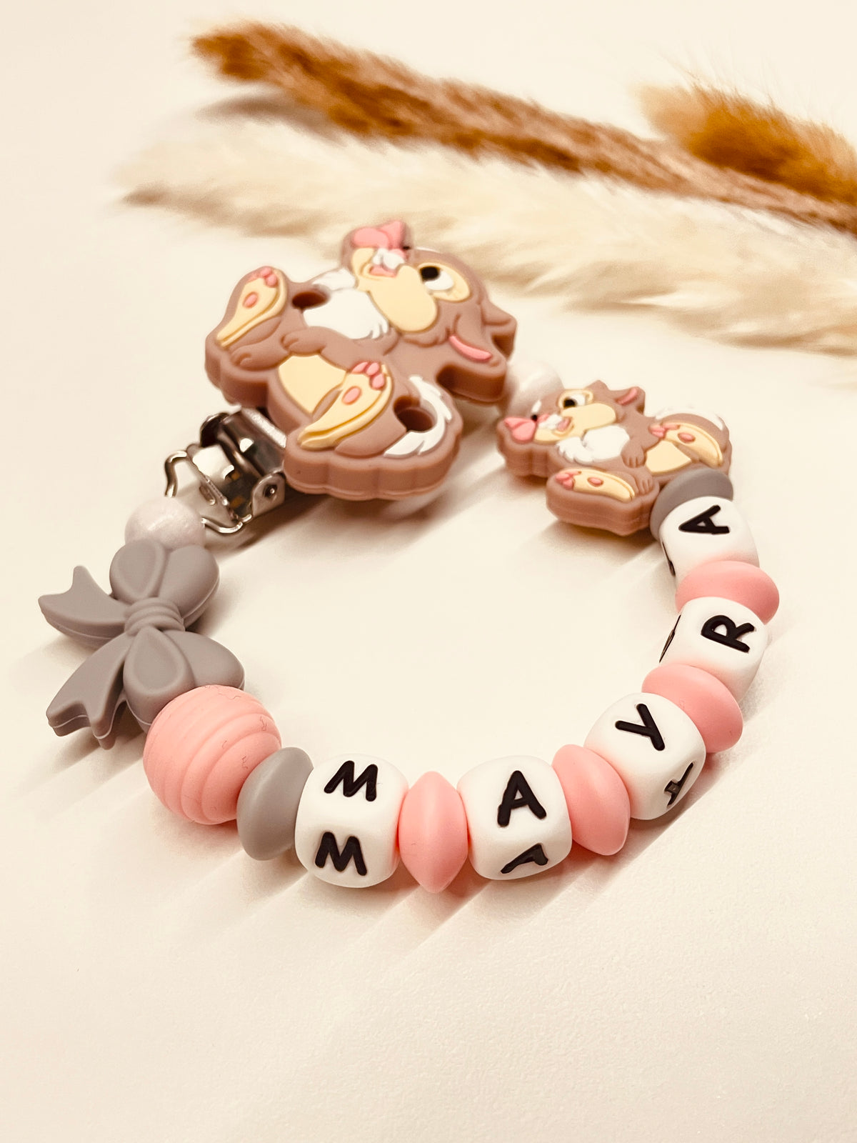 Schnullerkette Häschen candy rosa grau personalisiert handgefertigt Babygeschenk Mädchen