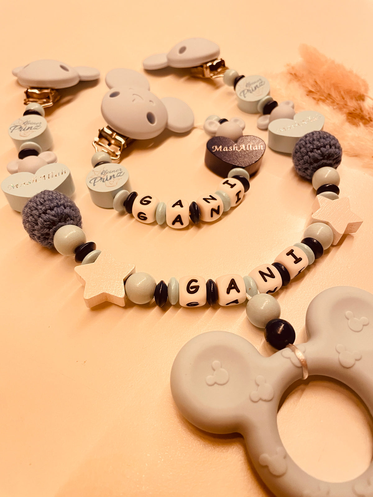 Schnullerkette Kinderwagenkette personalisiert Maus kleiner Prinz Mashallah