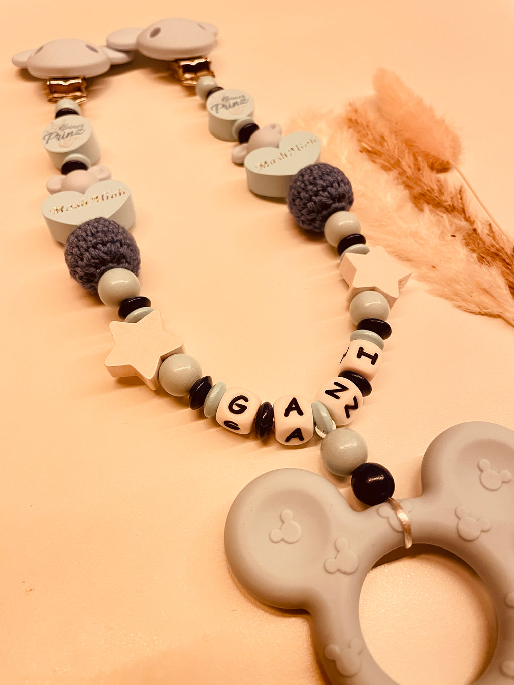 Schnullerkette Kinderwagenkette personalisiert Maus kleiner Prinz Mashallah
