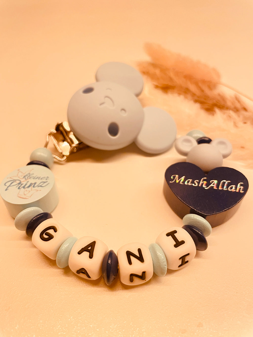 Schnullerkette Kinderwagenkette personalisiert Maus kleiner Prinz Mashallah