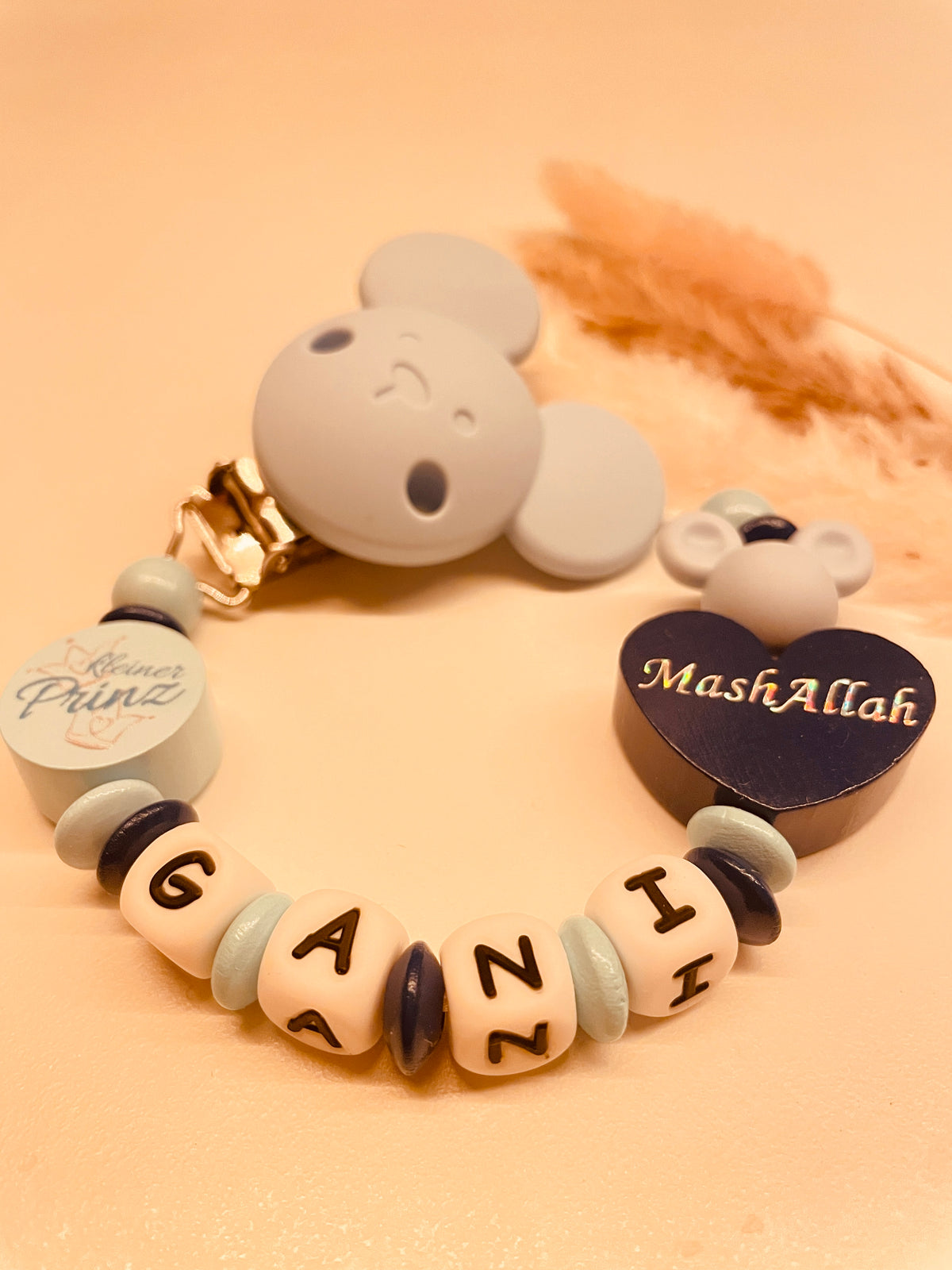 Schnullerkette Kinderwagenkette personalisiert Maus kleiner Prinz Mashallah