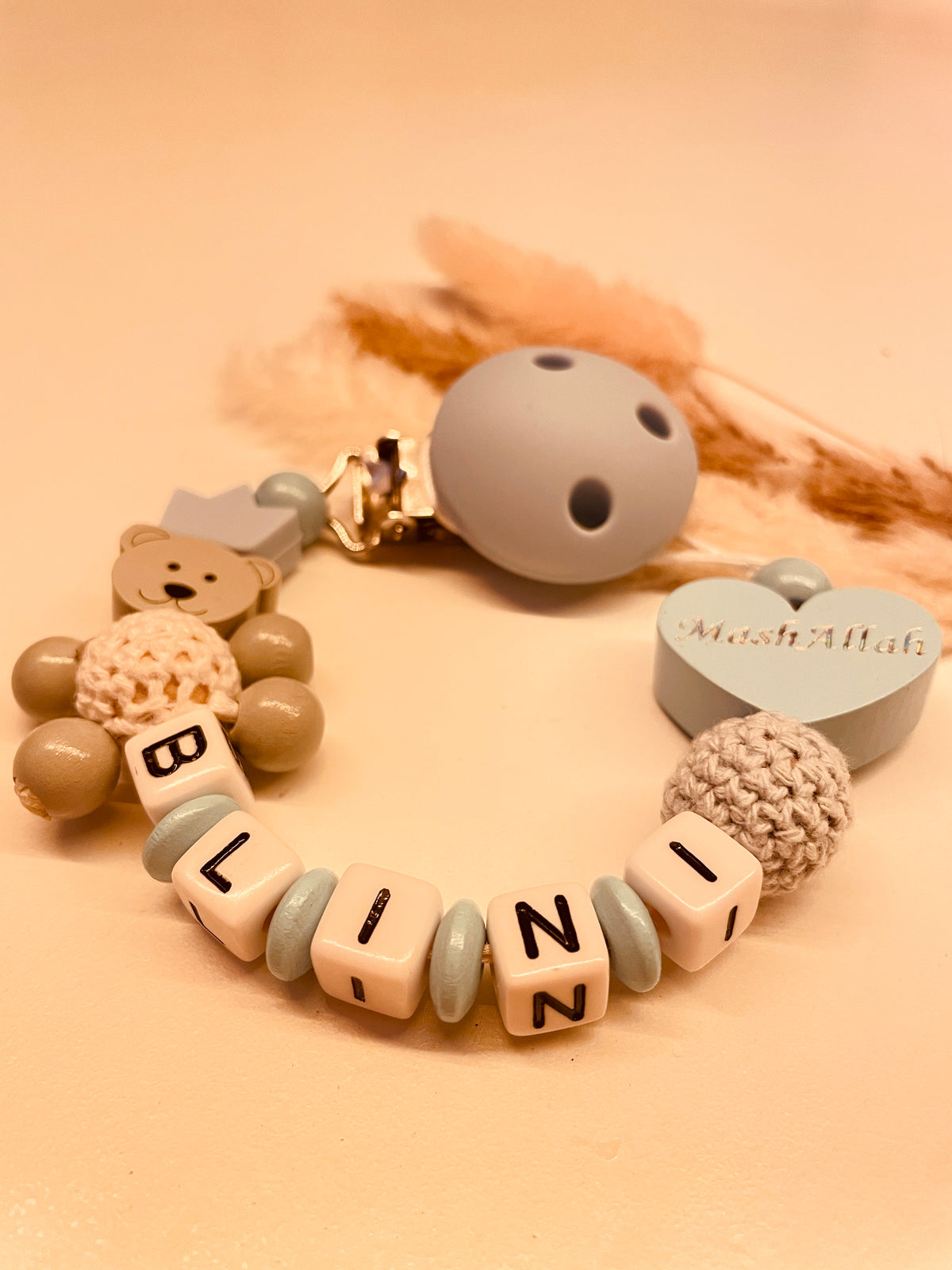 Schnullerkette personalisiert Bär mit Körper Mashallah blau mit Namen 