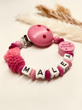 Schnullerkette kleine Prinzessin mit Rose in pink, personalisiert mit Namen