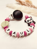 Schnullerkette Panda mit Blatt pink personalisiert handgefertigt Babygeschenk Mädchen