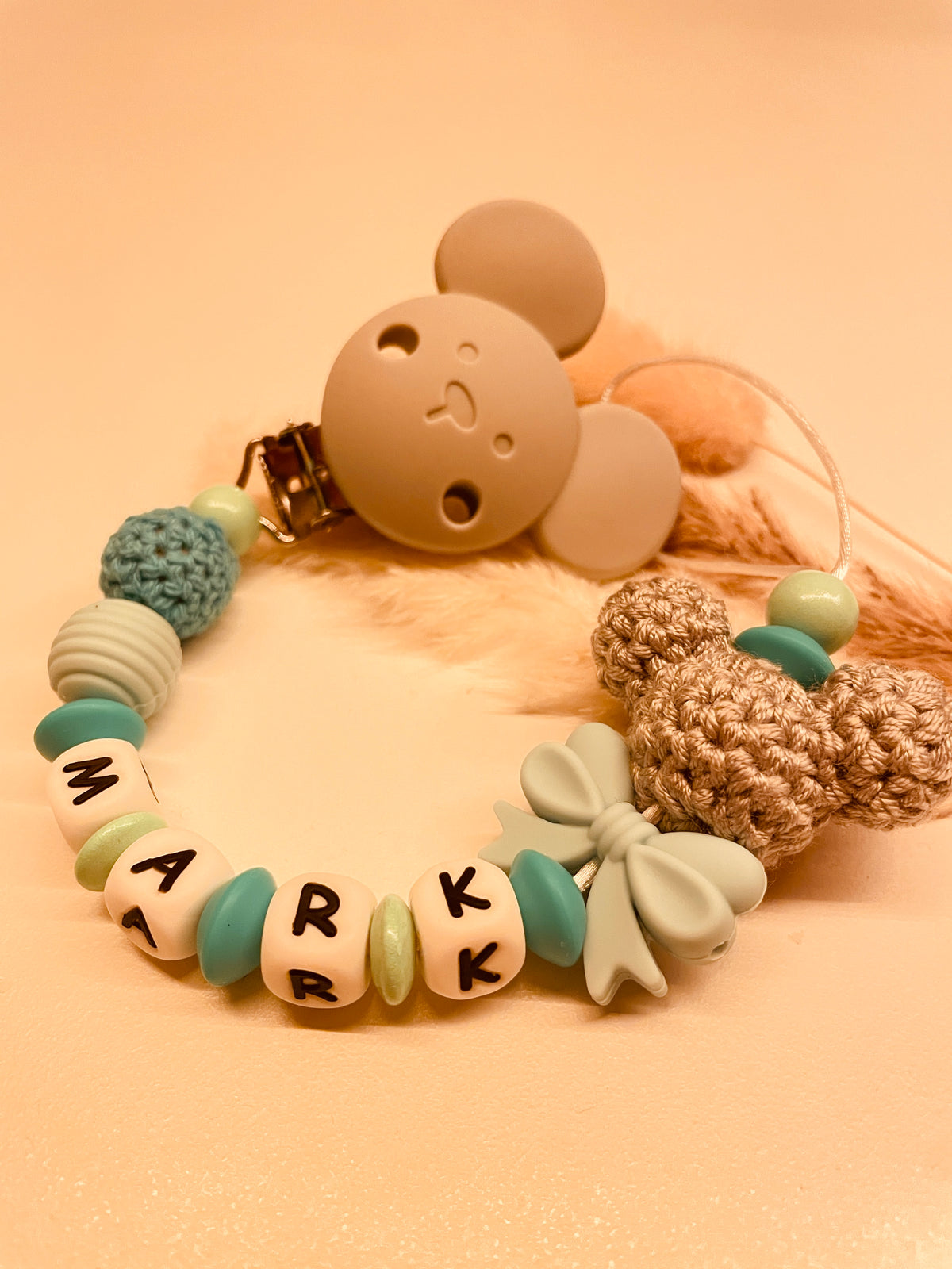 Schnullerkette mit Namen personalisiert Häkelmaus türkis mint Baby Geschenk Geburt