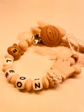 Schnullerkette mit Namen personalisiert little Prince beige Bär mit Krone Geschenk Baby Geburt 