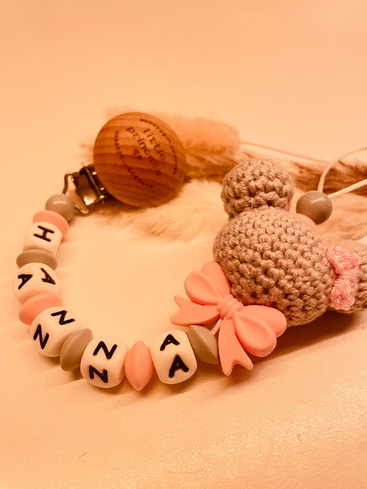Schnullerkette personalisiert mit Namen Häkelmaus little Princess rosa  grau Baby Geschenk Geburt 