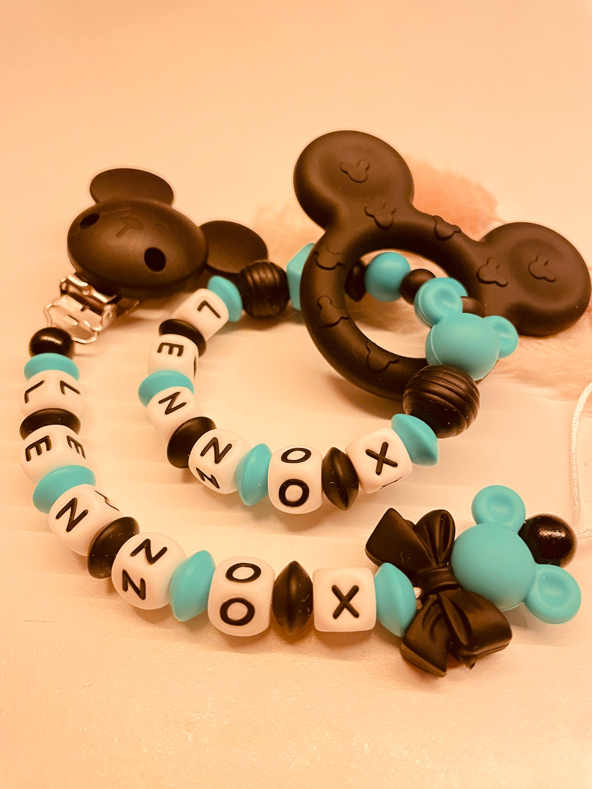 Schnullerkette Greifring personalisiert  Maus schwarz türkis Baby Geschenk Geburt 