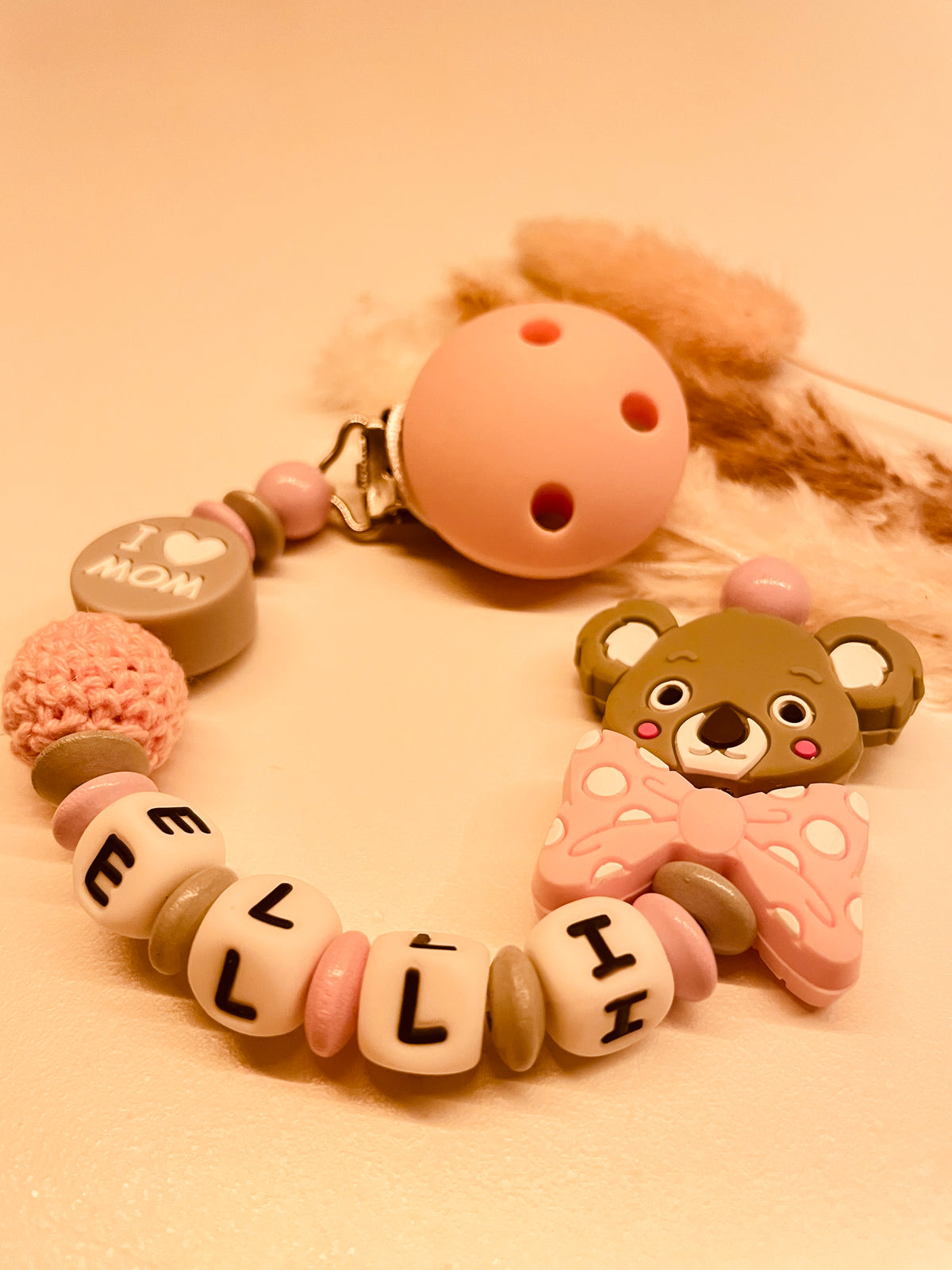 Schnullerkette personalisiert Koala rosa grau personalisiert mit Namen i love Mom