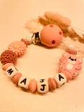 Schnullerkette personalisiert mit Bär und Blume rosa altrosa mit Namen Baby Geschenk Geburt