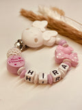 Schnullerkette Maus rosa weiß mit Schleife kleine Prinzessin personalisiert handgefertigt Babygeschenk Mädchen