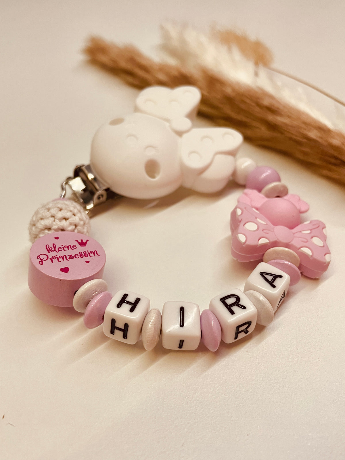 Schnullerkette Maus rosa weiß mit Schleife kleine Prinzessin personalisiert handgefertigt Babygeschenk Mädchen