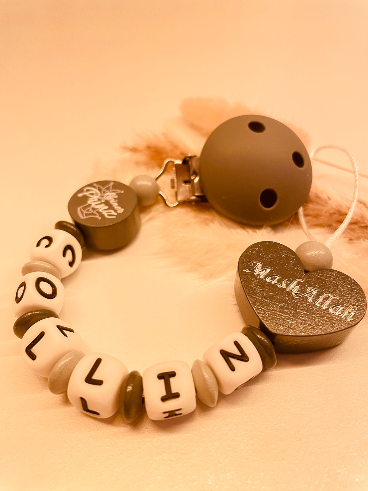Schnullerklette personalisiert Mashallah grau kleiner Prinz