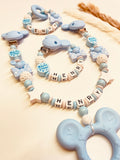 Abverkauf Schnullerkette Kinderwagenkette Greifring SET Henry, personalisiert