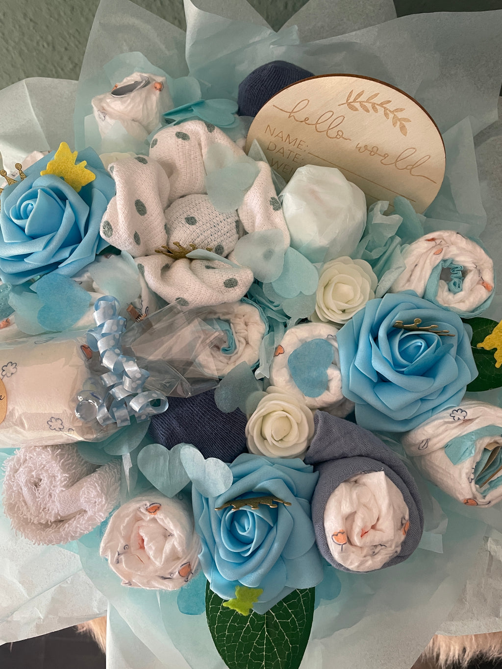 Windeltortenstrauß in blau, handgefertigtes Babygeschenk