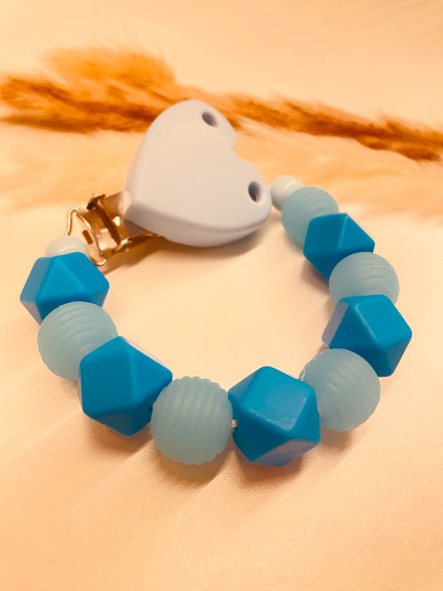 Abverkauf Schnullerkette/Beißkette blau, personalisierbar mit Namen