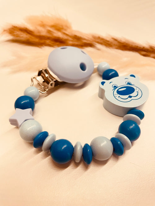 Abverkauf Schnullerkette Teddy blau, personalisierbar mit Namen