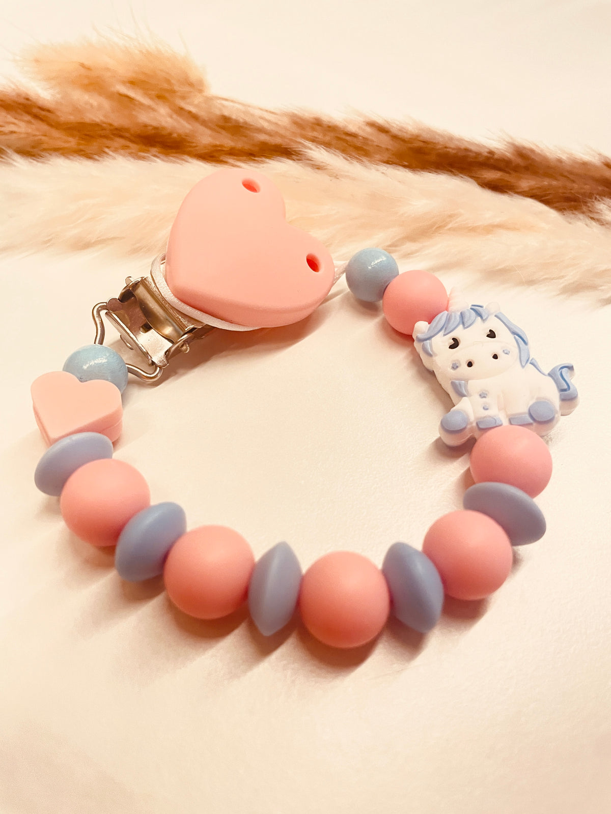 Abverkauf Schnullerkette Einhorn rosa blau, personalisierbar mit Namen