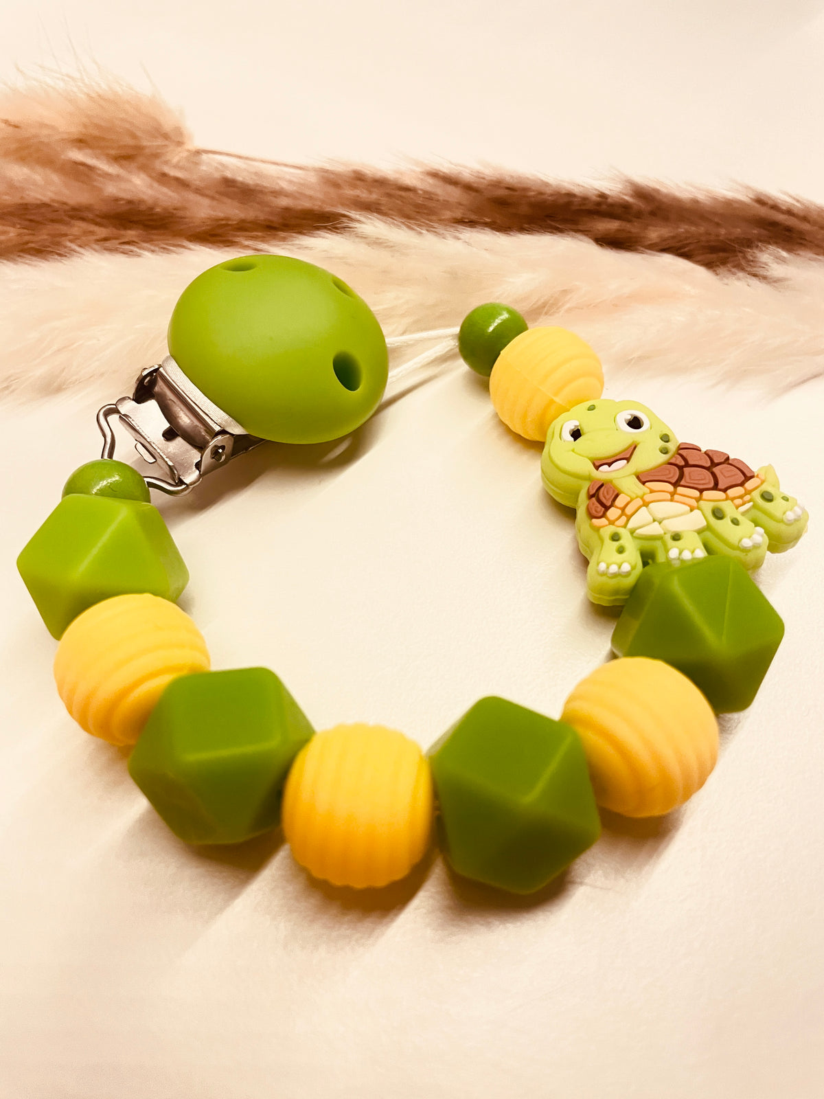 Abverkauf Schnullerkette/Beißkette Schildkröte grün gelb, personalisierbar mit Namen