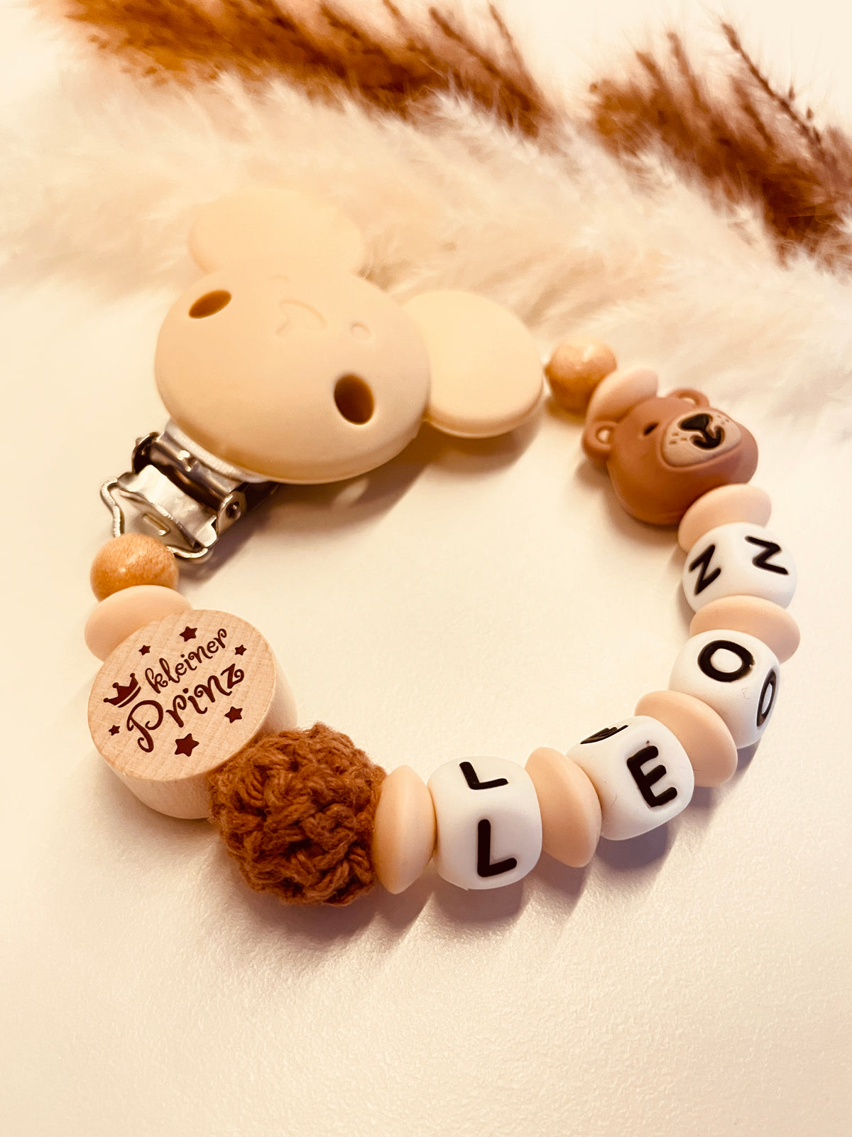 Schnullerkette Bär kleiner Prinz beige braun, personalisiert mit Namen