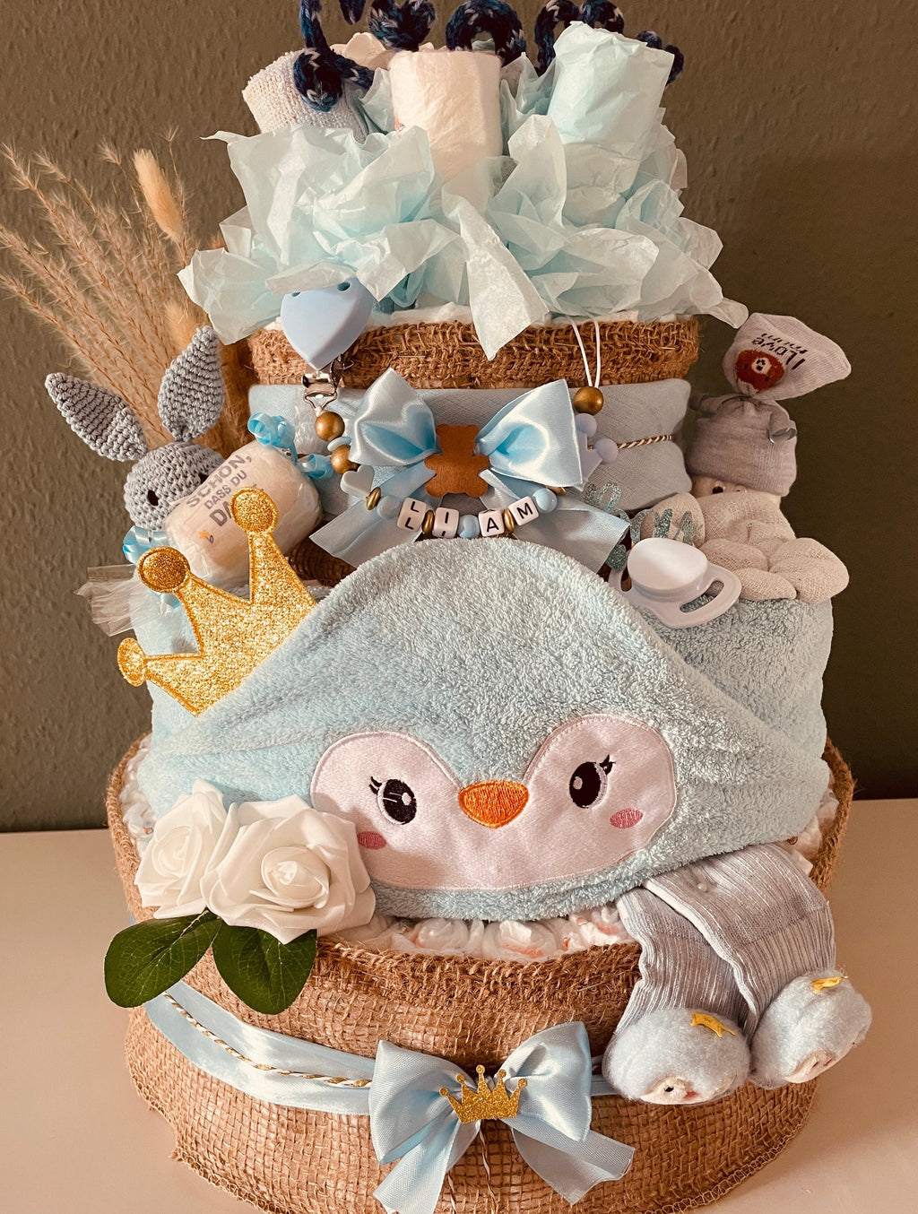 Windeltorte XXL hellblau mit 170 Windeln personalisiert Babygeschenk Junge handgefertigt

