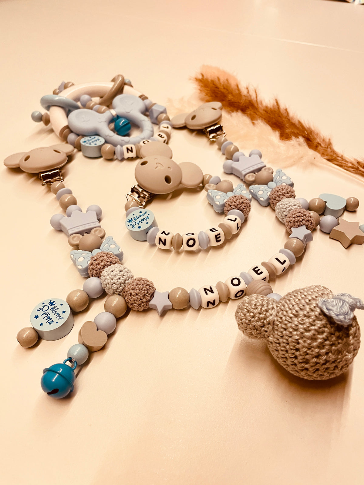 Schnullerkette, Kinderwagenkette, Greifring Maus blau grau