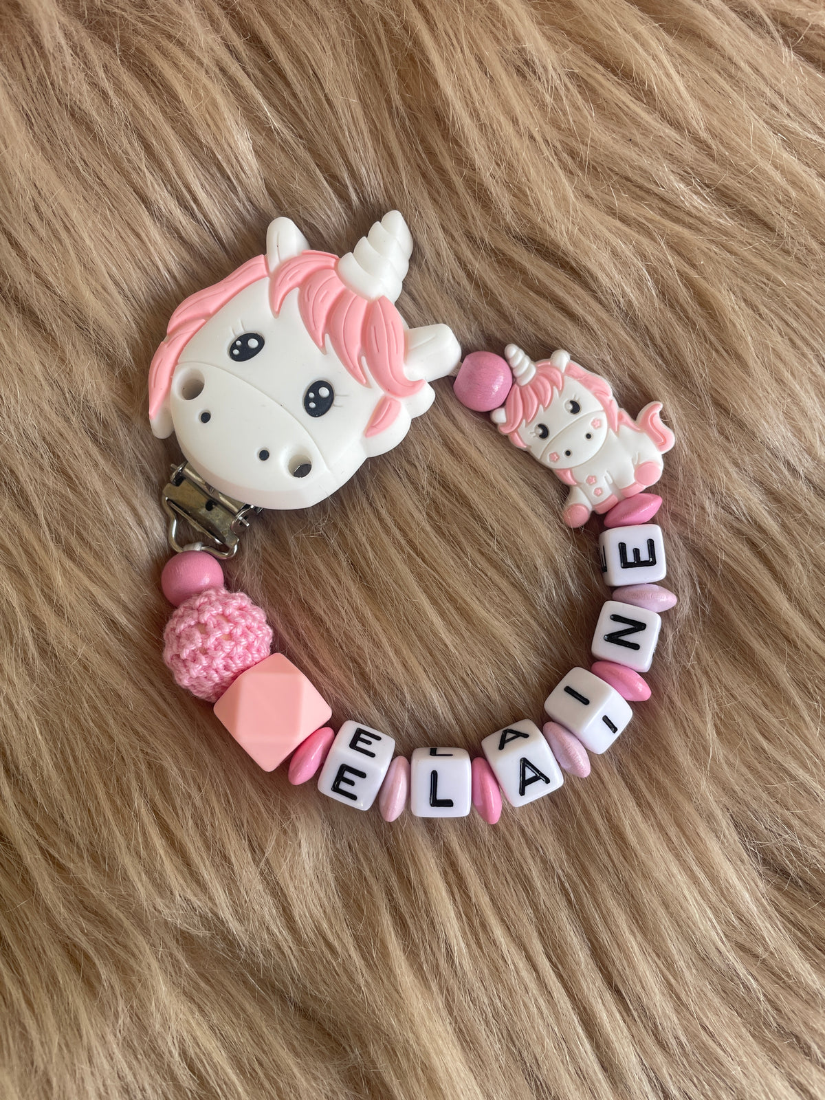 Schnullerkette Einhorn rosa weiß, personalisiert mit Namen
